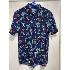 Chubbies Shirt Mens Medium Blue Hawaiian Flamingos Palm Tree Neon Short Sleeve